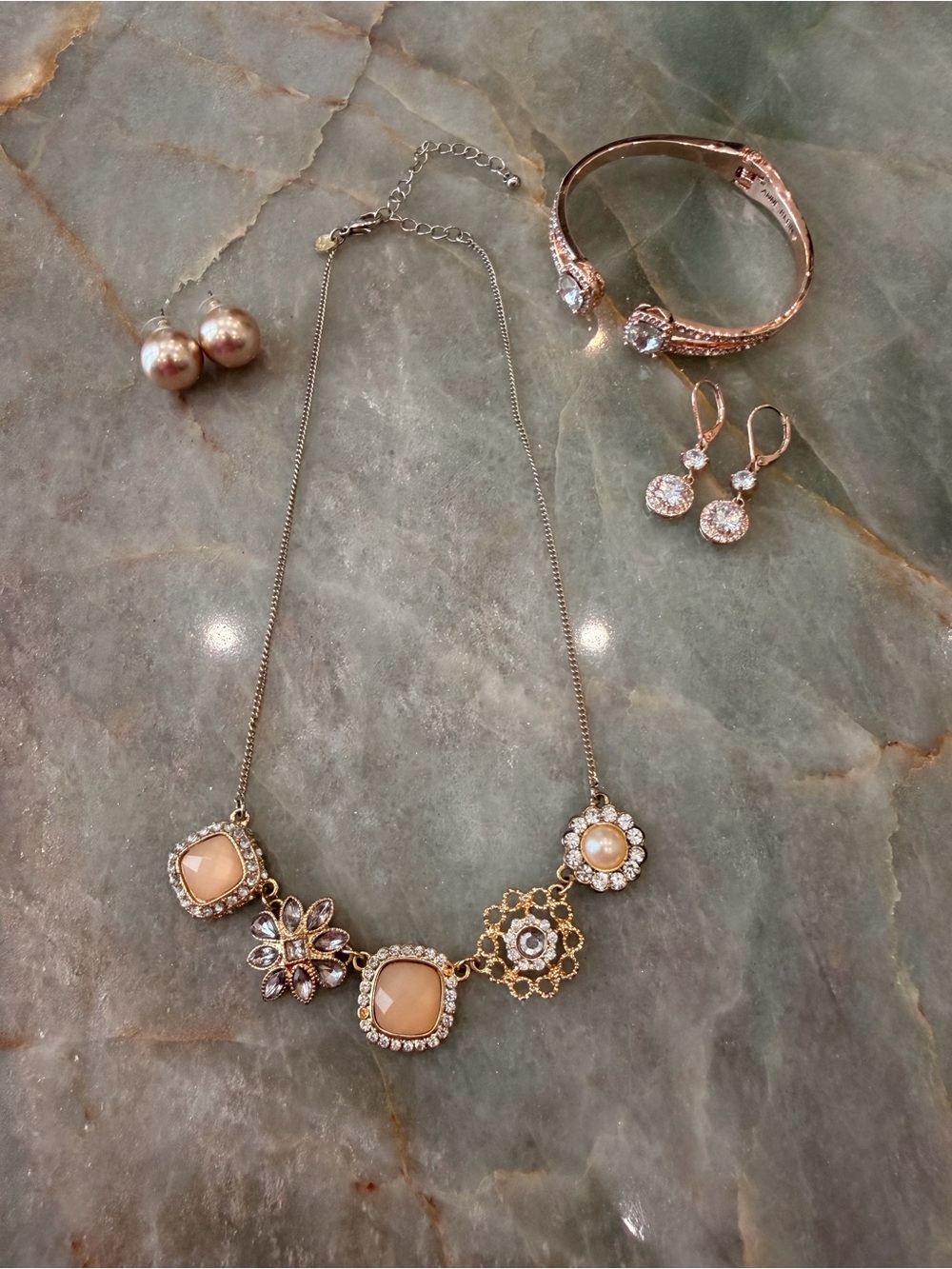 Elegant Gold-Tone Jewelry Bundle -  Necklace, Crystal Bracelet & Earrings Set